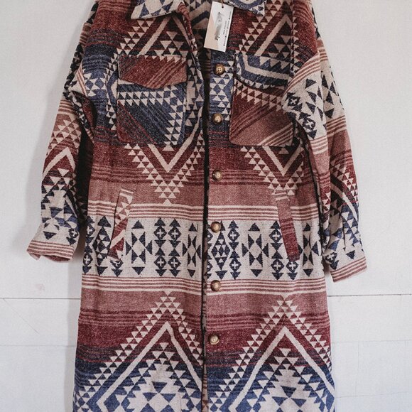 New Aztec Flannel Shacket Pink Button-Up Long Duster Shirt Jacket Womens - Picture 2 of 4